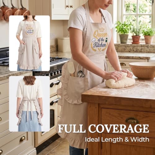 Elife Embroidered Apron,Ruffle Kitchen Cooking Apron with Pockets for