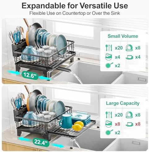 GSlife Expandable Dish Drying Rack - Over Sink & Countertop Use, Black