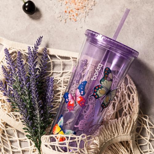 bzyoo 24oz Plastic Tumbler Cup, Lid & Straw, Iced Coffee, Purple