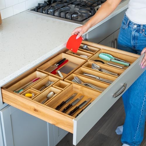 Grow Forward Bamboo Drawer Organizer Boxes - Set of 14 Wooden Drawer