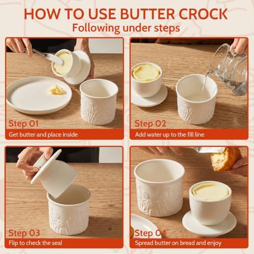 Sweese Ceramic Butter Crock, 4 oz French Butter Keeper with Embossed