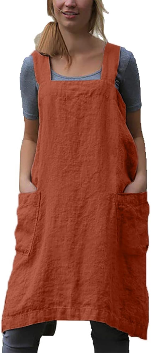 VLZUFE Cotton Linen Apron for women Cross Back Apron Pinafore Dress