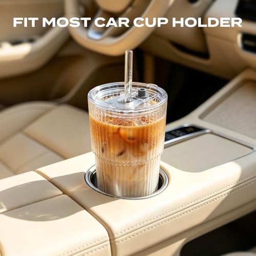 Iced Coffee Cups with Lids, 20oz Ribbed Glass Tumbler with Straw and