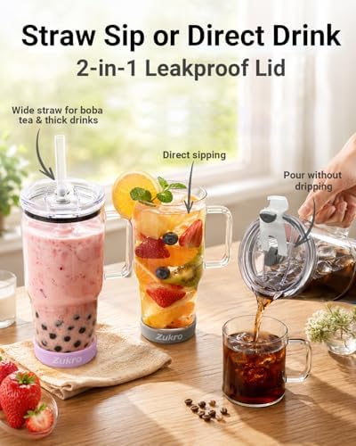 Zukro 32 oz Glass Water Tumbler with Handle & Straw, 2-in-1 Leak Proof