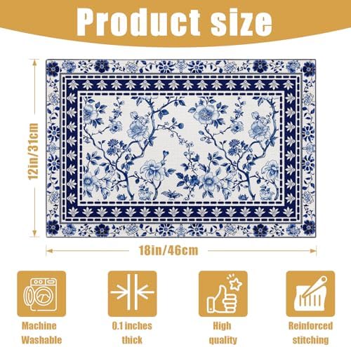 Blue White Floral Placemats Set of 6, Chinoiserie Flower Linen Place