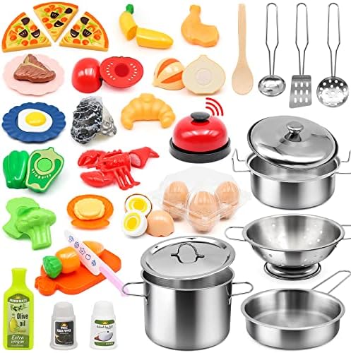Kids Pretend Play Kitchen Accessories Set, 38pc Play Pots Pans Set for