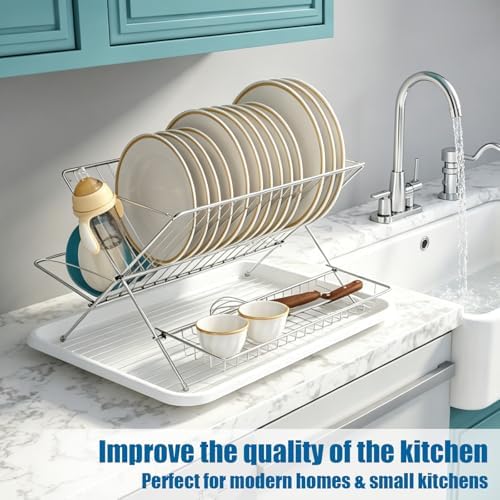 2-Tier Foldable Stainless Steel Dish Drying Rack