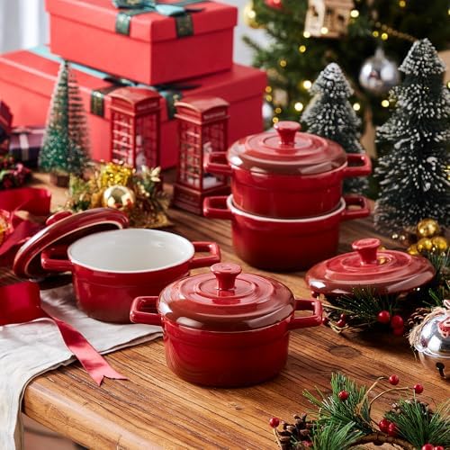 Lareina Mini Cocotte 12oz Ceramic Casserole Dish Set with Lid, Red