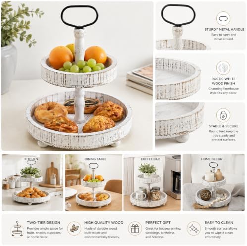 Rustic Farmhouse 2 Tier Wooden Serving Tray with Metal Handle