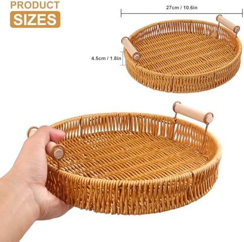 4 Pack 10.8 inch Round Rattan Tray, Round Woven Serving Basket with