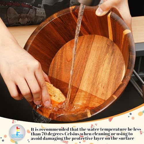 Yunlly Wooden Salad Bowl Set of 5 Acacia Wood with Utensils, Round