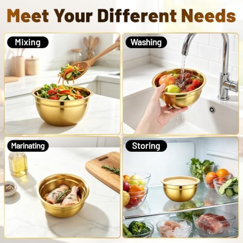 Beasea Stainless Steel Mixing Bowls with Lids, 1.5 QT, 5 Pack, Gold