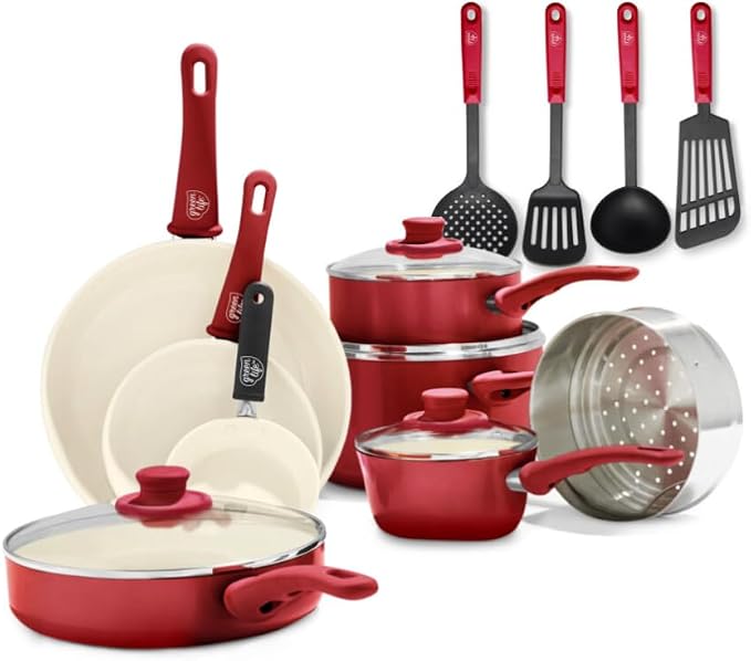 GreenLife 16 Piece Nonstick Cookware Set, Soft Grip Non-Toxic PFAS-Free Ceramic by GreenLife