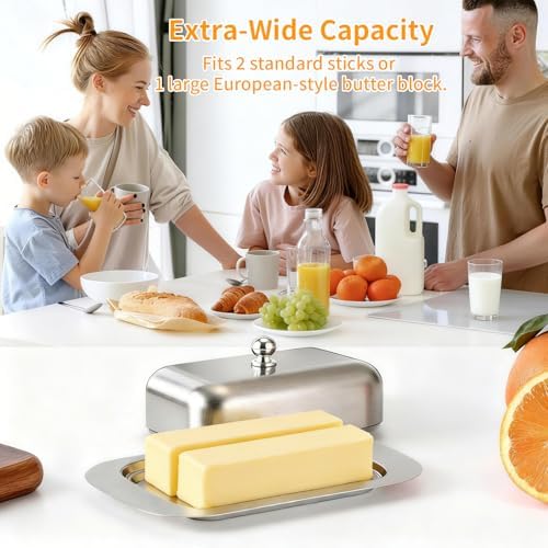 Stainless Steel Butter Dish with Lid and Handle, 7.5" x 5", Fits 2