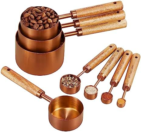 Copper Stainless Steel Measuring Cups and Spoons Set of 8, Wooden