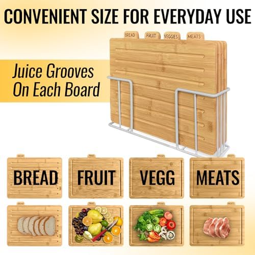 Bamboo Cutting Board Set with White Holder, 4 Labeled Boards