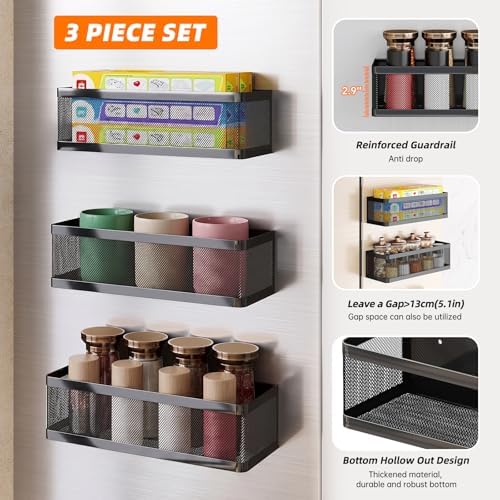 3-Pack Black Magnetic Spice Racks for Refrigerator