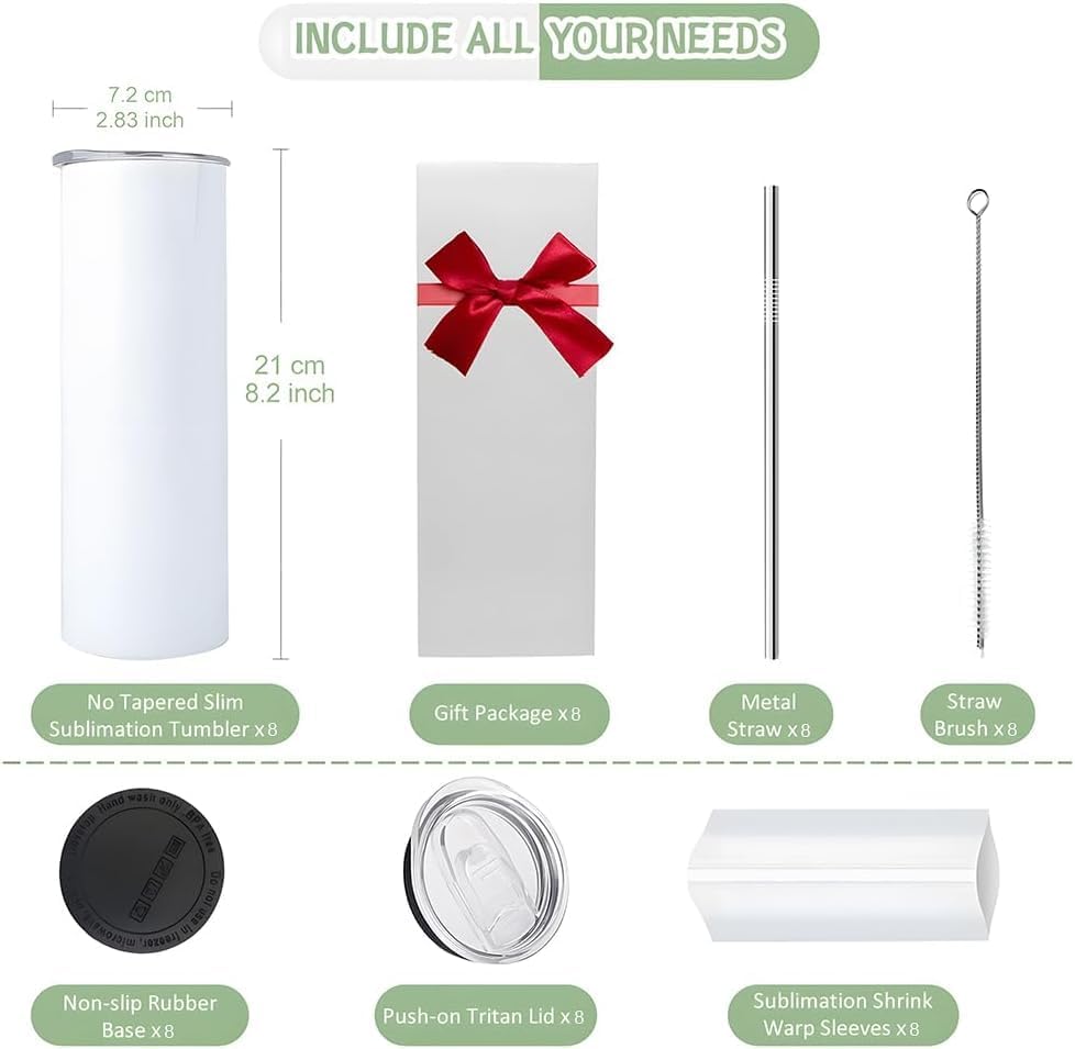 8 Pack 20oz Sublimation Tumbler Blanks (Skinny Straight) in Bulk