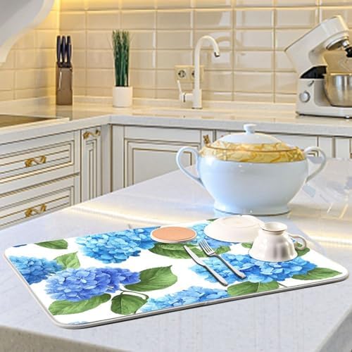 OTVEE Blue Hydrangea Nature Art Dish Drying Mat for Kitchen Counter