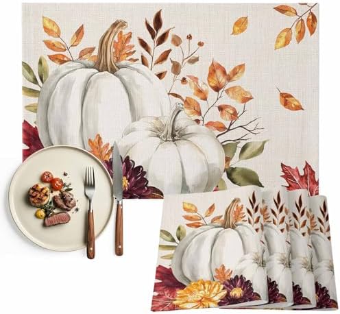 Pumpkin Maple Leaf Fall Placemats Set of 6, Cotton Linen Thanksgiving