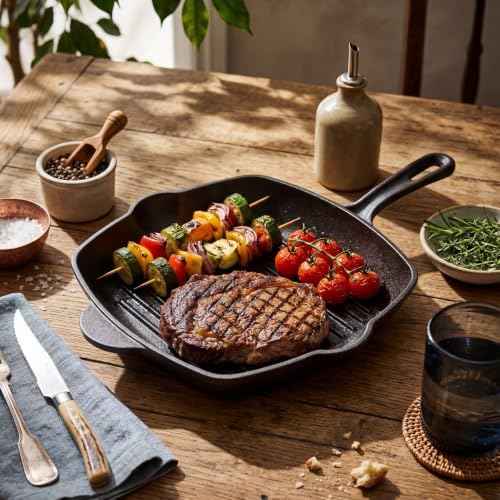 12 Inch Cast Iron Square Grill Pan, Seasoned Flat Skillets with Ring Handle, Cast Iron Square Grill Pan for Stove Top, Stylishly Designed & Heat Resistant for Kitchen Cooking