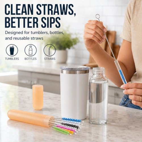 10-Piece Straw Cleaner Brush Set with Case, 304 Stainless Steel, 5-10