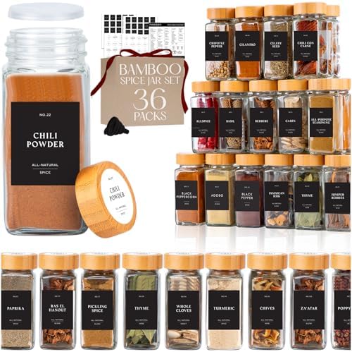 Thick Glass Spice Jars With Bamboo Lids 4 oz, Waterproof Labels