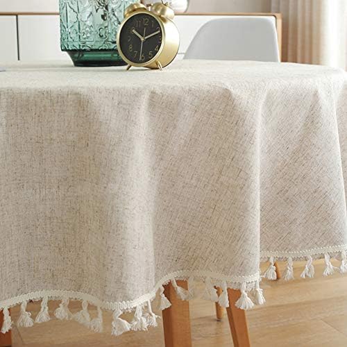AMZALI Cotton Linen Fabric Tassel Round Tablecloth Dust-Proof Table