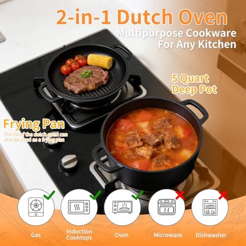 Pre-Seasoned Cast Iron Dutch Oven for Bread Baking, 5QT