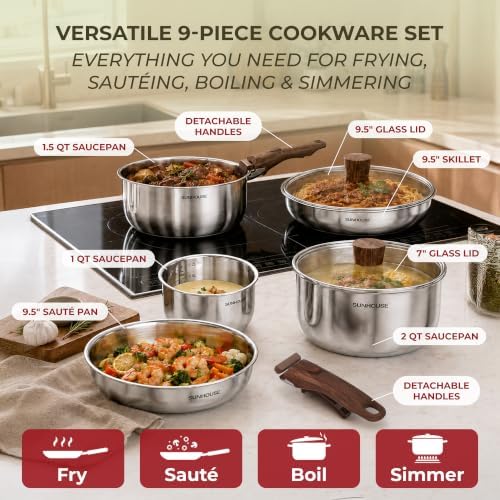 SUNHOUSE 9pcs 3-Ply Clad Stainless Steel Cookware Set w/Detachable Handle