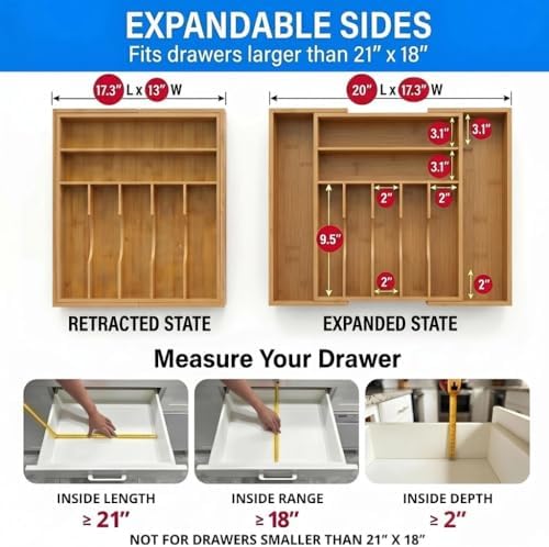 Expandable Bamboo Silverware Drawer Organizer, 20" Wide, 9