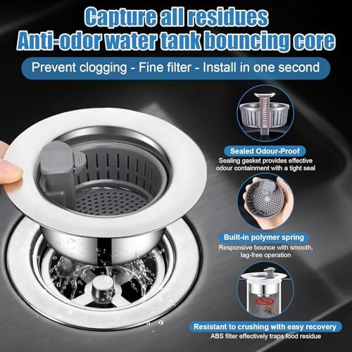 Sink Drain Strainer - Sink Stopper Drain, 3 in 1 Kitchen Stainless