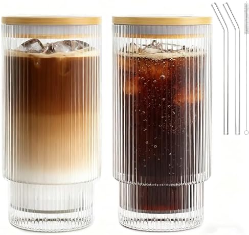 16OZ Ribbed Glass Cups with Lids and Straws,Iced Coffee Cups with