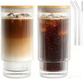 16OZ Ribbed Glass Cups with Lids and Straws,Iced Coffee Cups with