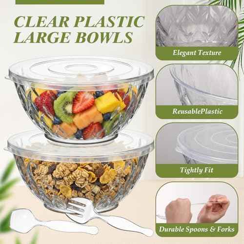 4 Pack Large Plastic Salad Serving Bowl Sets, Diamond