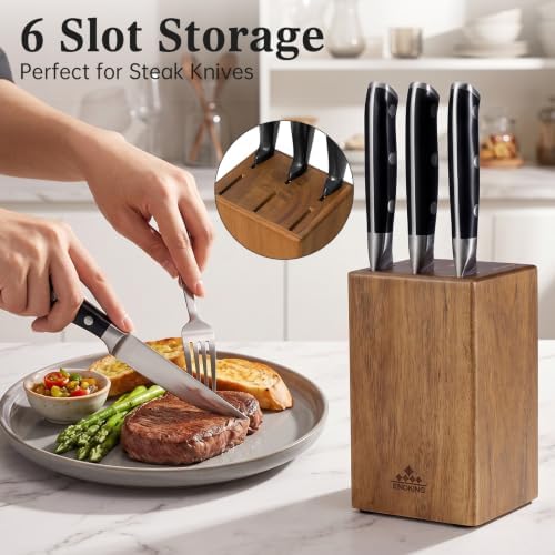 ENOKING 6-Slot Steak Knife Block, Acacia Wood