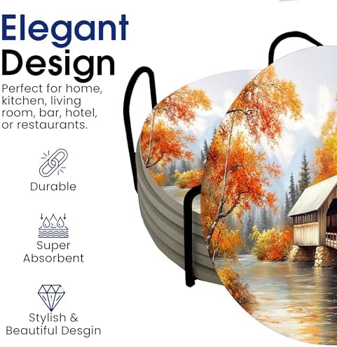 Fall Season Leaves Round Coasters Set of 6 - Abosrbent Ceramic