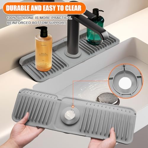 17.7" Silicone Faucet Mat for Kitchen Sink,7° Draining Mat with Snap