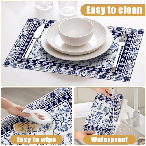 Blue White Floral Placemats Set of 6, Chinoiserie Flower Linen Place