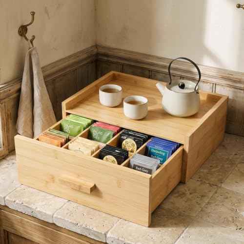Brown Bamboo Tea Bag Organizer Box with Drawer for Counter