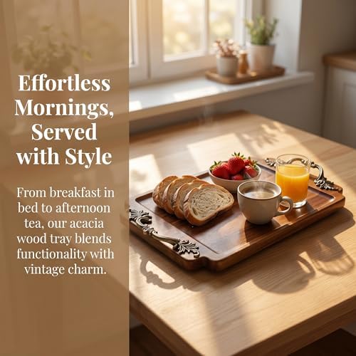 Vintage Wooden Tray with Handles for Coffee Table Centerpiece