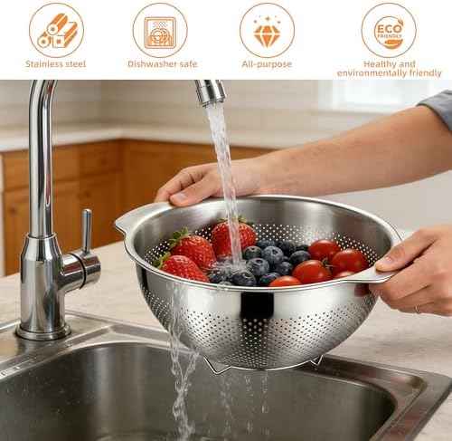 Colanders & Food Strainers,Stainless Steel Colander,3 Pcs Kitchen Strainers(2.5QT, 3.5QT, 5QT) for Pasta, Rice, Vegetables,Dishwasher Safe Metal Colander with Handles,Kitchen Gift