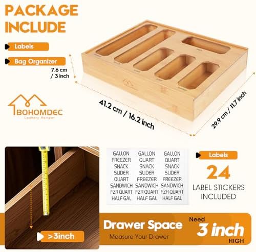 Bamboo Ziplock Bag Organizer for Kitchen Drawer & Wall Mount, Food