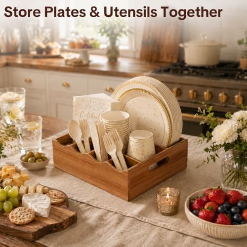 Utensil Caddy, Acacia Wood Utensil Holder for Party, 6 Compartment