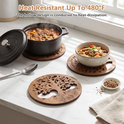6 Pack Wooden Trivets for Hot Dishes, Rustic Round Tree Trivet Set