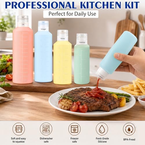 4Pcs Condiment Squeeze Bottles, 16 oz Silicone Squeeze Bottles For