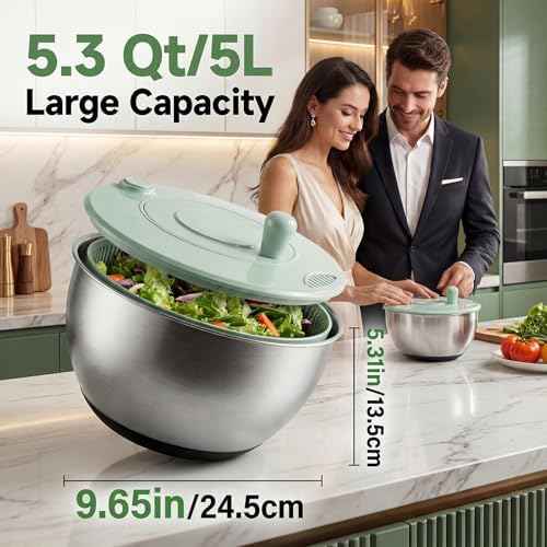 Stainless Steel Salad Spinner, 5.3 Qt Lettuce Dryer with Slicer &