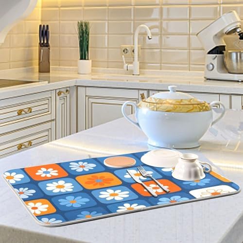 OTVEE Checkerboard Bloom Print Dish Drying Mat for Kitchen Counter