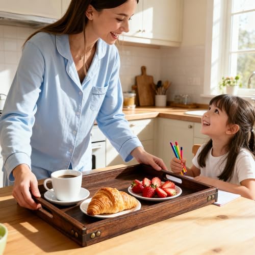 Wood Serving Tray with Handles,Farmhouse Wooden Tray for