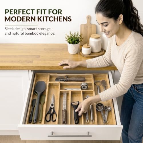 Expandable Bamboo Silverware Drawer Organizer, Utensil Holder, Natural